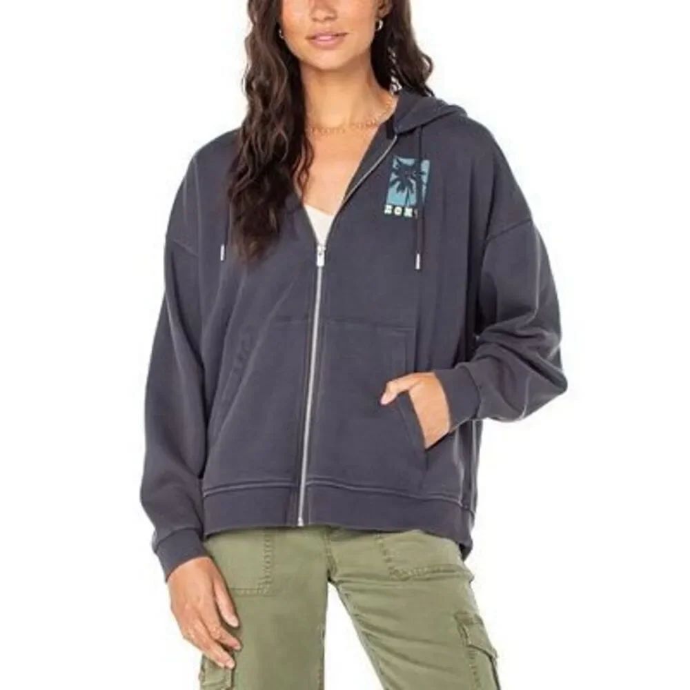 Roxy Juniors' Lineup Fleece Logo Oversized Zip Hoodie Gray Small